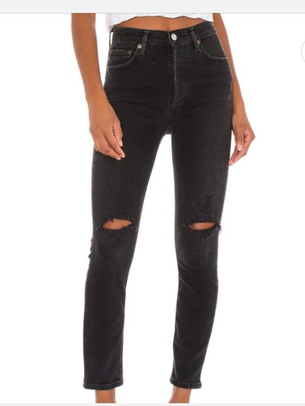 Agolde Nico Faded Black High-rise Skinny Distressed Jeans (Size 25)